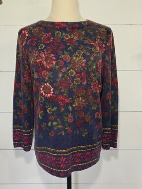 Talbots Audrey Cashmere Sweater 100% Cashmere Floral Knit Blue Pink Red